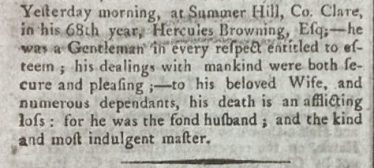 Brownings Death Announcement | Limerick Chronicle 30/4/1796